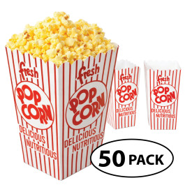 50 Classic Red & White Popcorn Scoop Boxes – 0.79 oz Square-Bottom Popcorn Containers for Easy Serving