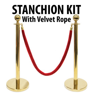Stanchion Kit Gold with 4.5-foot Red Velvet Rope and 3-foot Ball Top - PICK UP ONLY