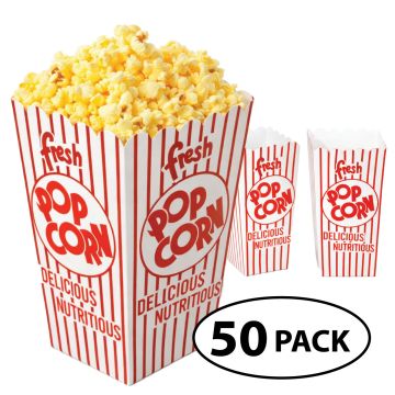 50 Classic Red & White Popcorn Scoop Boxes – 0.79 oz Square-Bottom Popcorn Containers for Easy Serving